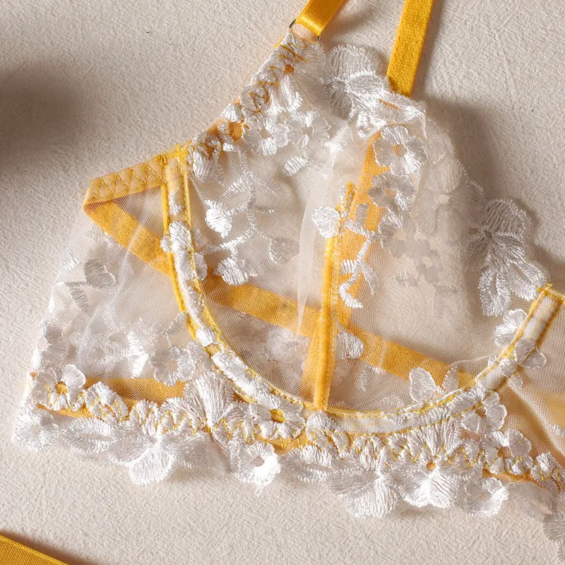 Hot Embroidery Color Matching Women Bra Set Sexy See-Through Luxury Lingerie