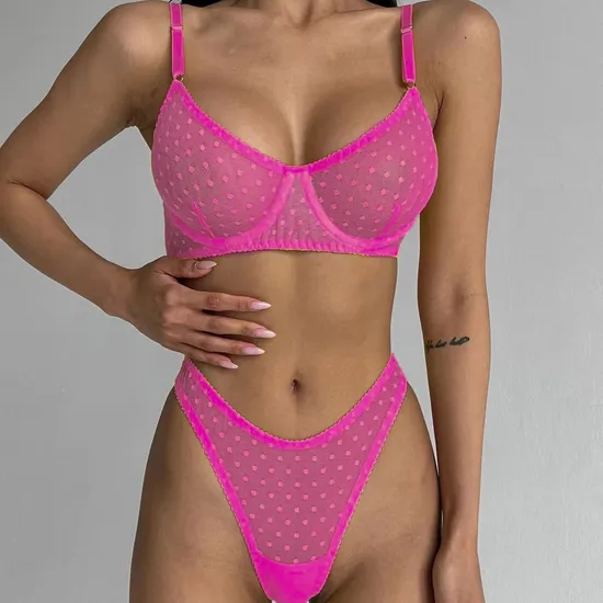 Wholesale Polka Dots Perspective Mesh Bra Set Sexy Thin Two-Piece Lingerie