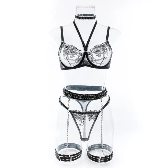 Wholesale Floral Embroidery See-Through Women Bra Set Sexy Necklace Metal Chain Lingerie