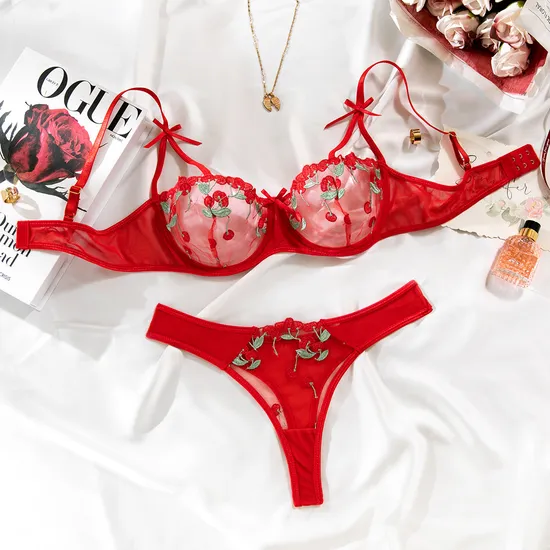 New Floral Embroidery Ultra Thin 2PCS Underwear Set for Woman Sexy Transparent Lingerie