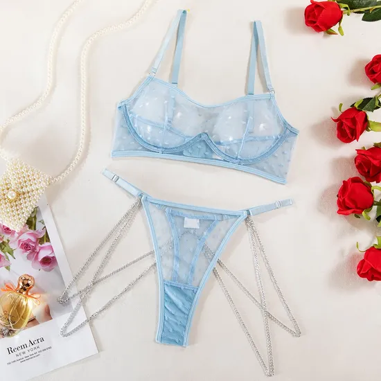Sexy Blue Polka DOT Metal Chain Women Underwear Set Wholesale Breathable 2PCS Lingerie