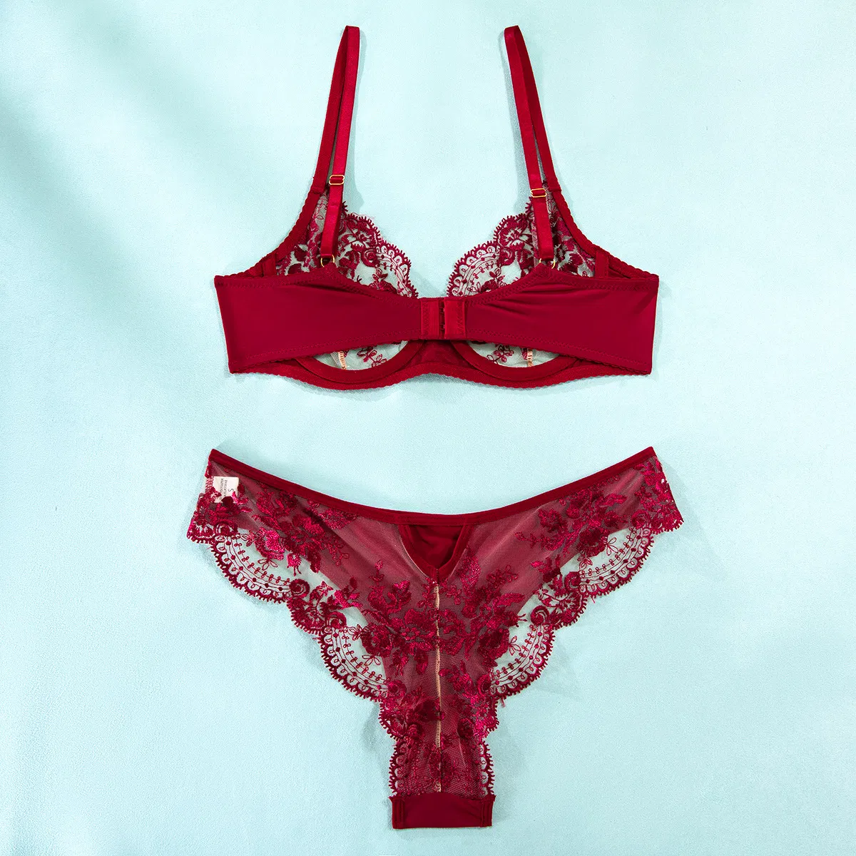 New Style Perspective Mesh Bra and Panty Set Sexy Erotic Flower Embroidery 2PCS Lingerie