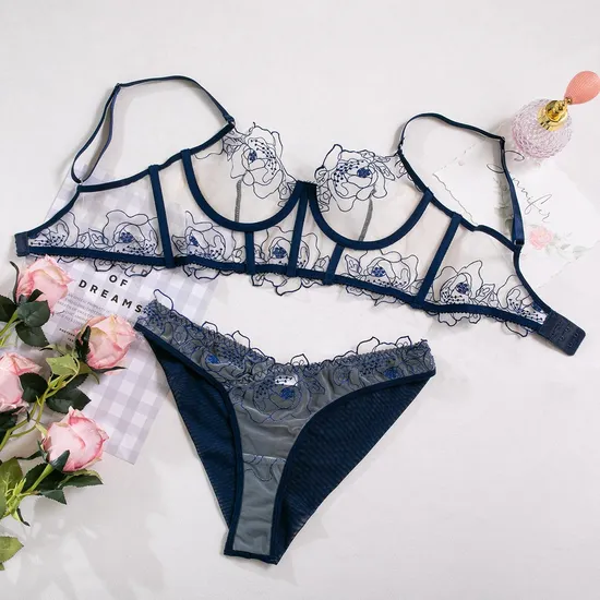 Sexy Fish Bone Embroidered Underwear Set for Woman Wholesale See-Through Mesh Lingerie