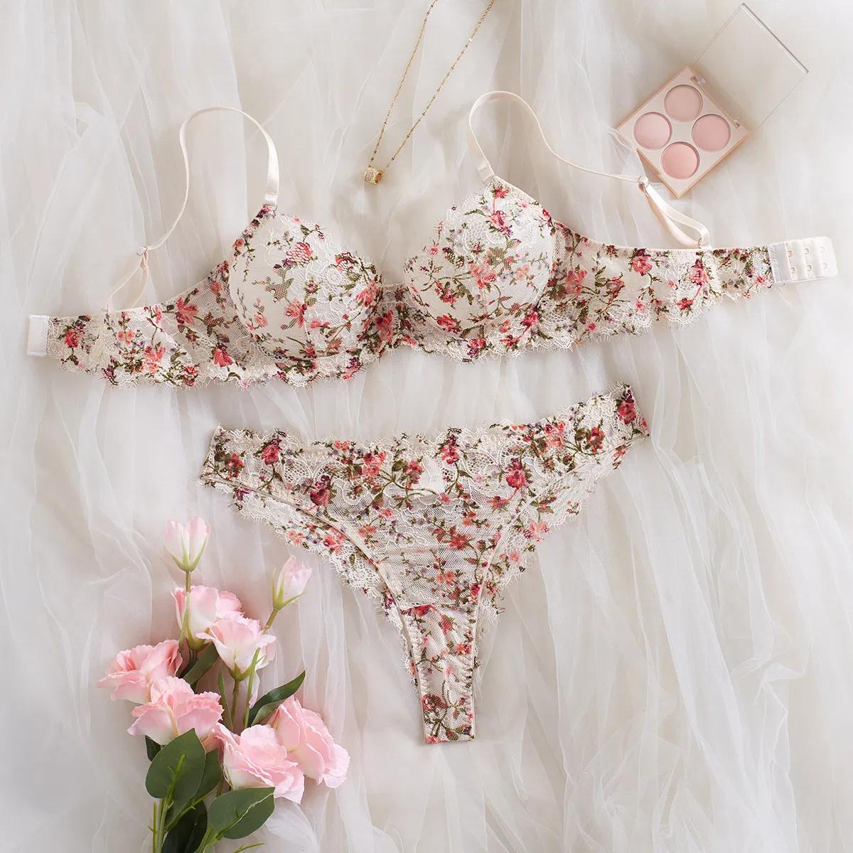Wholesale Floral Embroidered Underwear Set Sexy See-Through Mesh 2PCS Lingerie