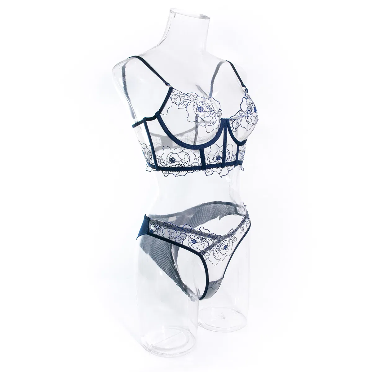 Sexy Fish Bone Embroidered Underwear Set for Woman Wholesale See-Through Mesh Lingerie