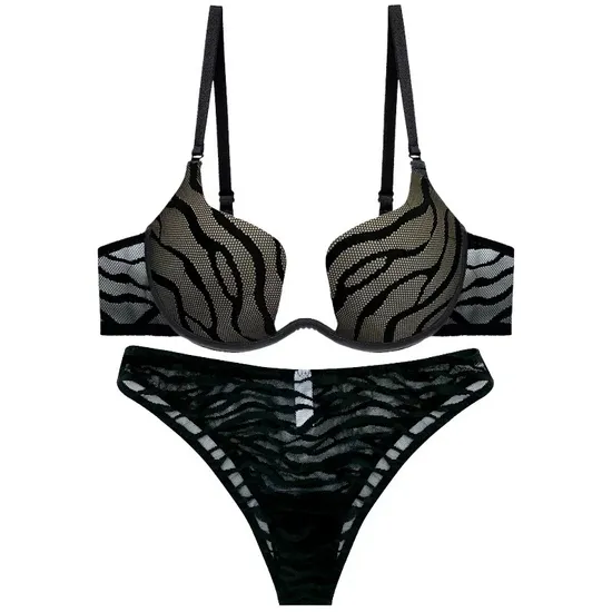 Ladies Sexy Glossy Striped Large Size Lingerie Set Gathering Bra Underwear