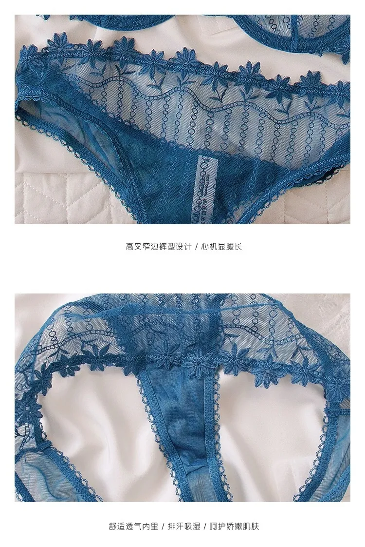 Women Breathable Lace Bra Set Sexy Embroidery Comfort Half Cup See Through Underwear