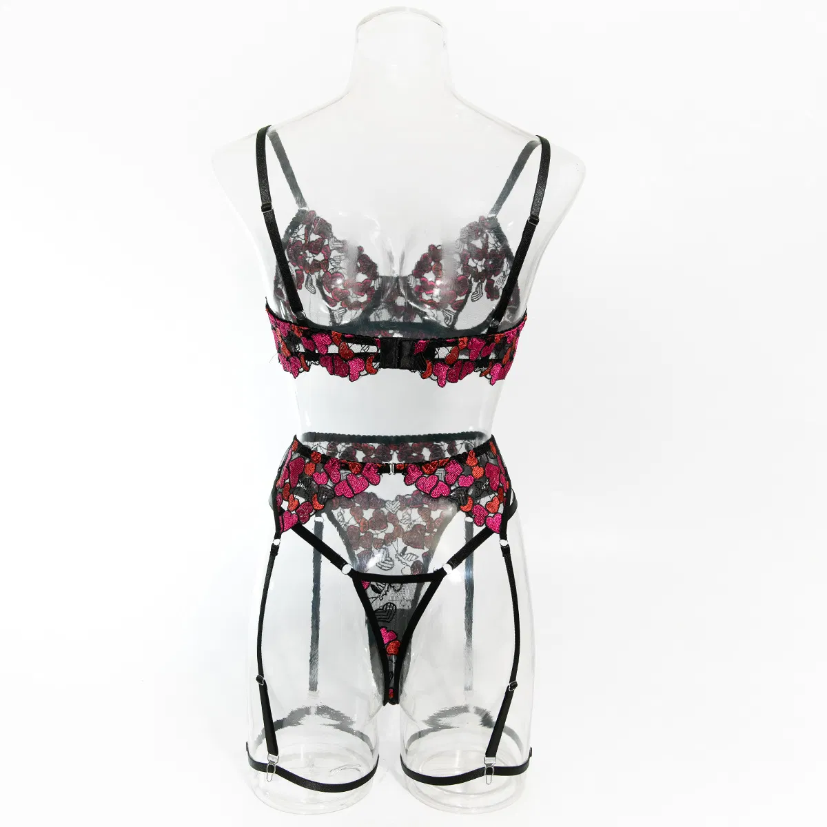 Sexy High Quality Heart-Shaped Embroidery Lace Bra Thong Set Hot Sell Garter Belt Woman Lingerie