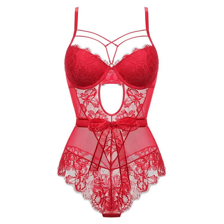 Wholesale Sexy French Bow Transparent Lace Lingerie Factory Directly Women Bodysuit