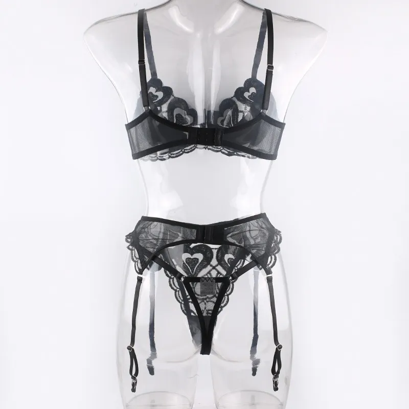 Wholesale Woman Heart Embroidery See-Through Mesh Underwear Sexy 3PCS Lingerie
