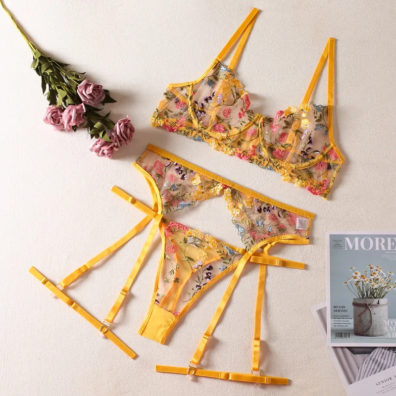 High Quality Transparent Underwear Set Sexy Floral Embroidered Lingerie