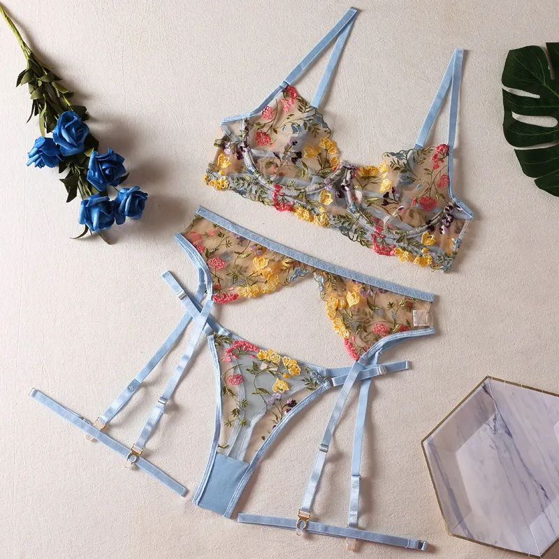 High Quality Transparent Underwear Set Sexy Floral Embroidered Lingerie