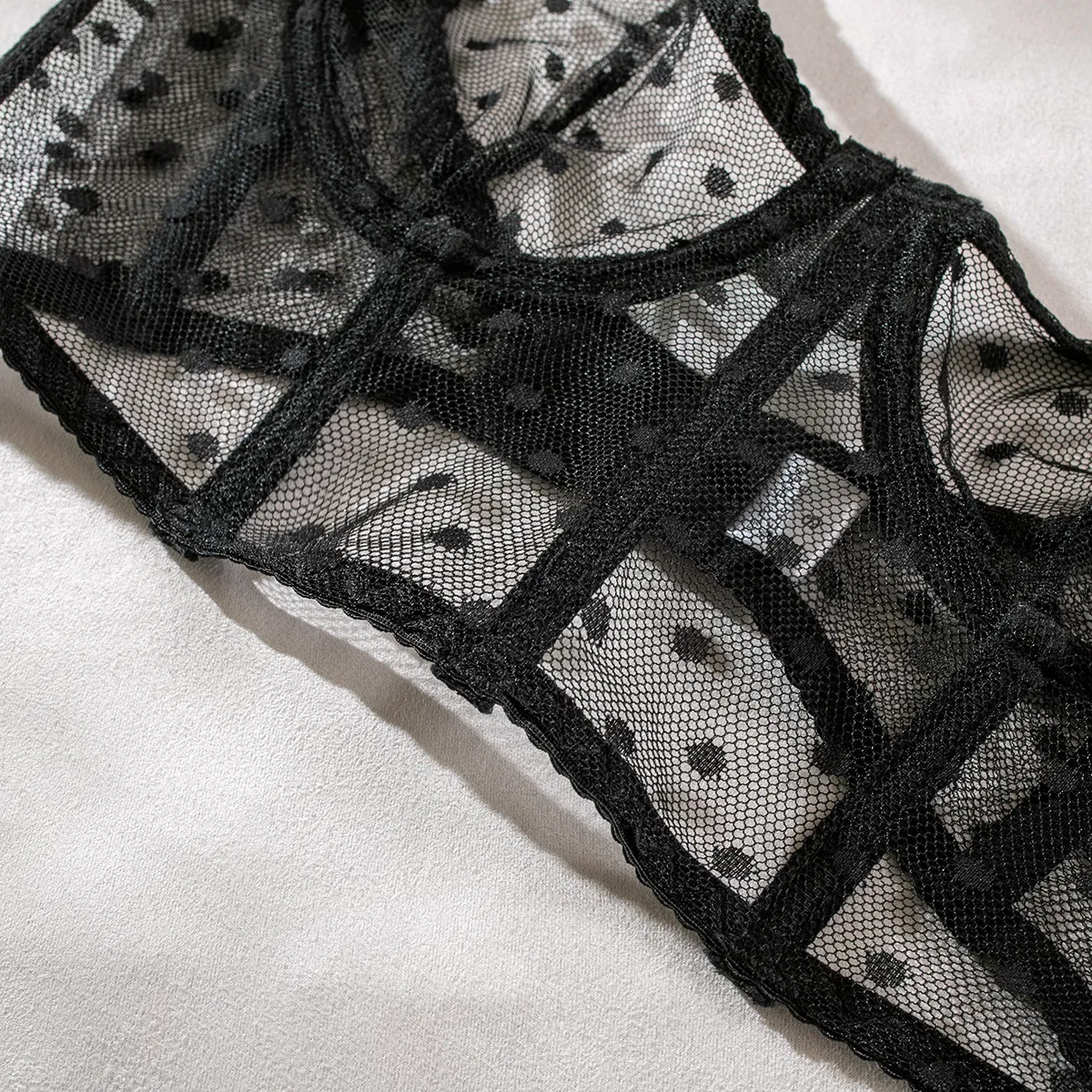 Sexy Fish-Bone Women's Underwear Set Wholesale See-Through Polka Dots Mesh Lingerie