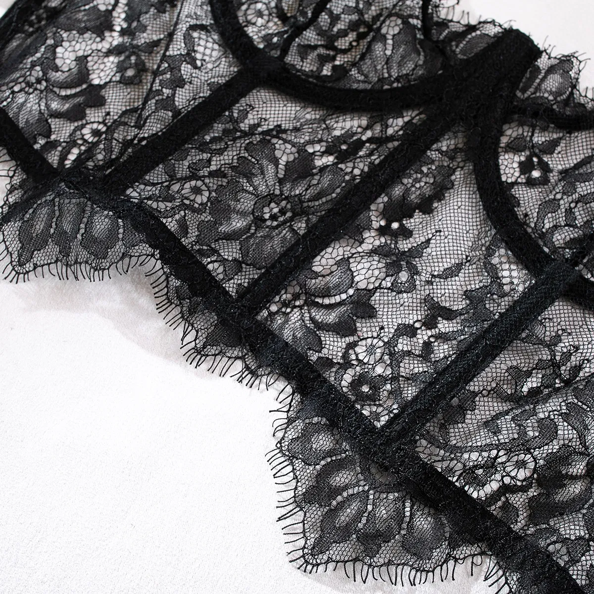 Wholesale Eyelash Lace Fishbone Bra Set Sexy Flower Embroidered See-Through Mesh Lingerie