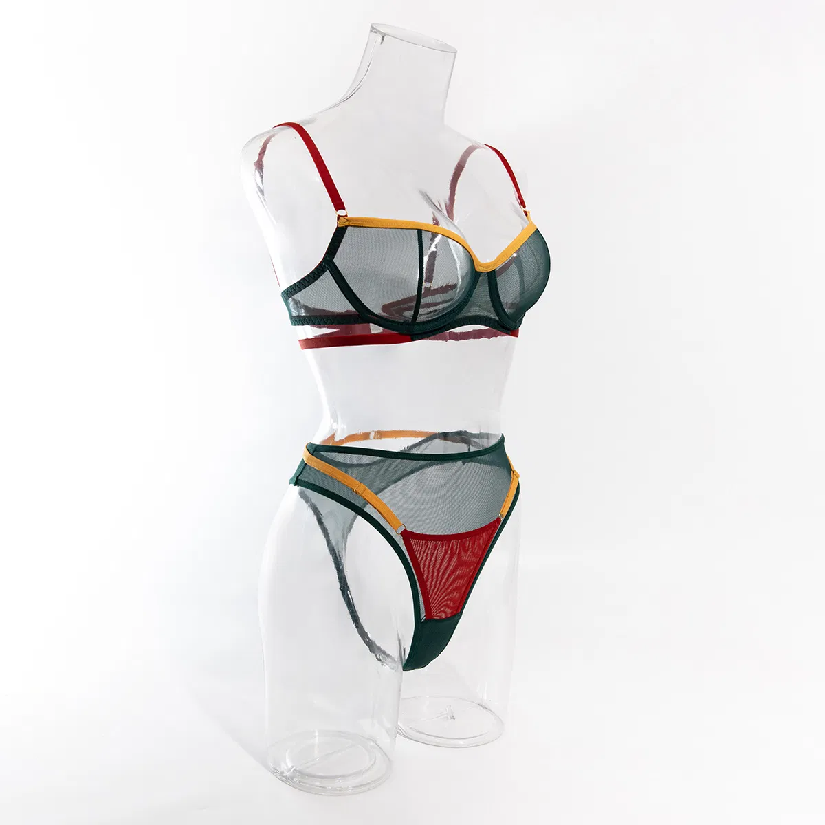 Sexy Contrast Color See-Through Mesh Two Piece Underwear Set Wholesale Steel Ring Lingerie