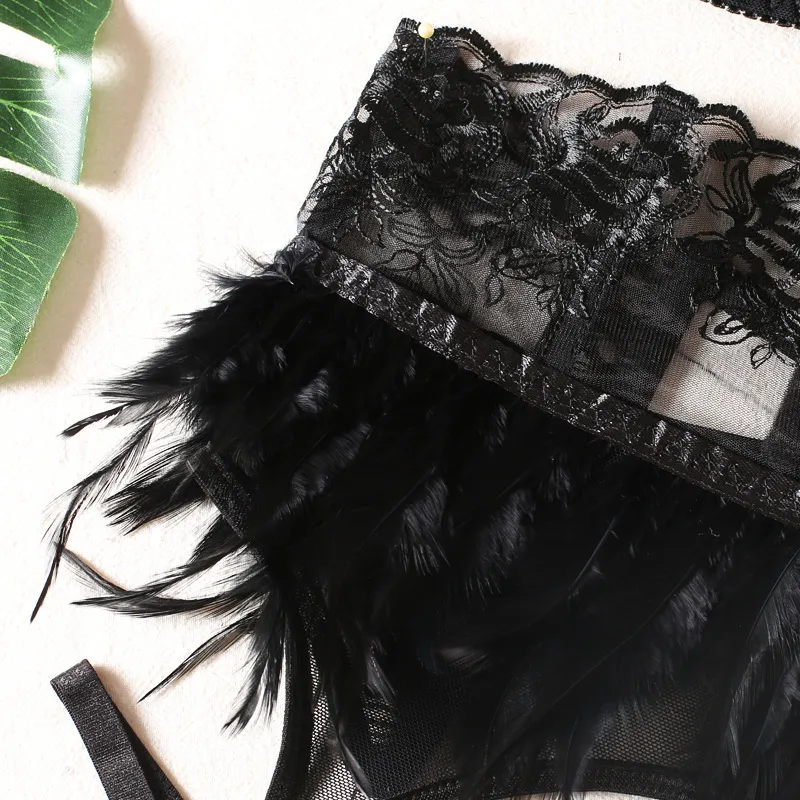 New Luxury Feather Underwear Set Sexy Erotic G-String Embroidered Lace Woman's Lingerie