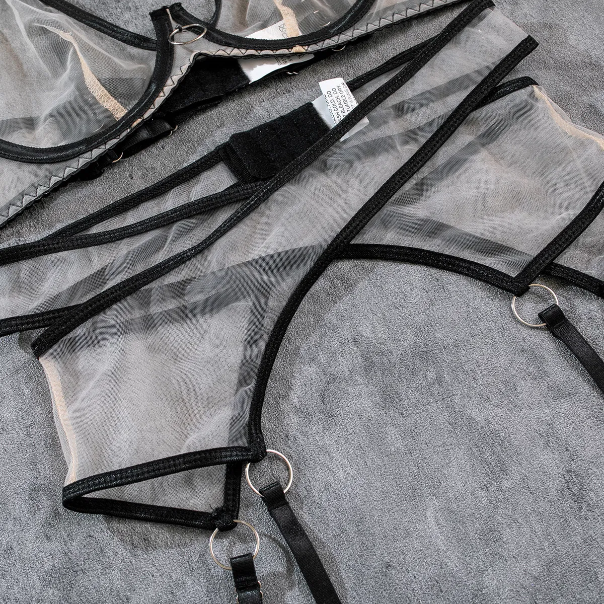 Sexy Transparent Mesh Bra Set with Steel Ring Wholesale Contrast Color 4PCS Woman Lingerie