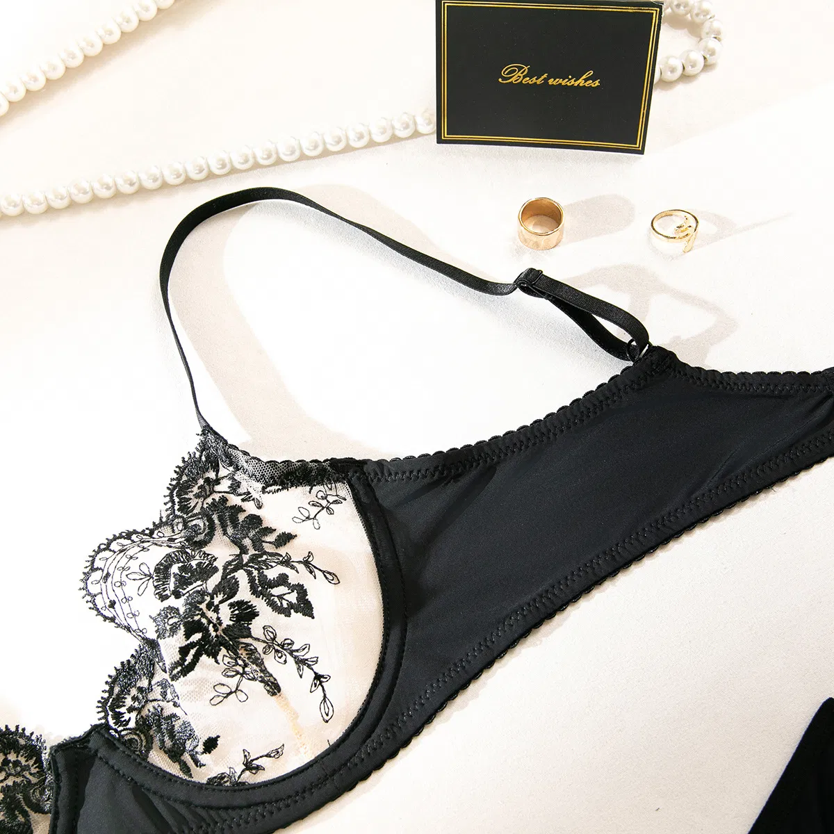 New Style Perspective Mesh Bra and Panty Set Sexy Erotic Flower Embroidery 2PCS Lingerie