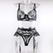 Sexy Embroidery Lace Garters Belt Bra and Panties Set Wholesale See-Through Mesh 3PCS Lingerie