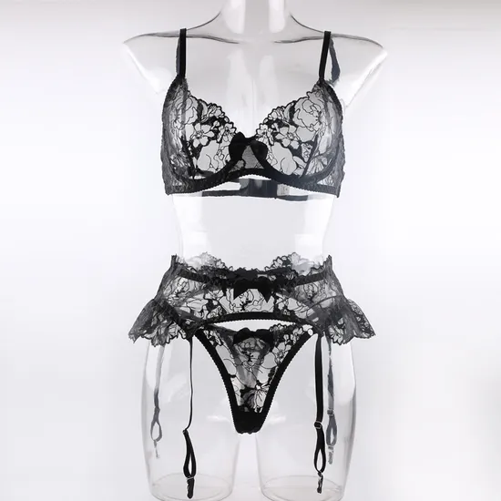 Sexy Embroidery Lace Garters Belt Bra and Panties Set Wholesale See-Through Mesh 3PCS Lingerie