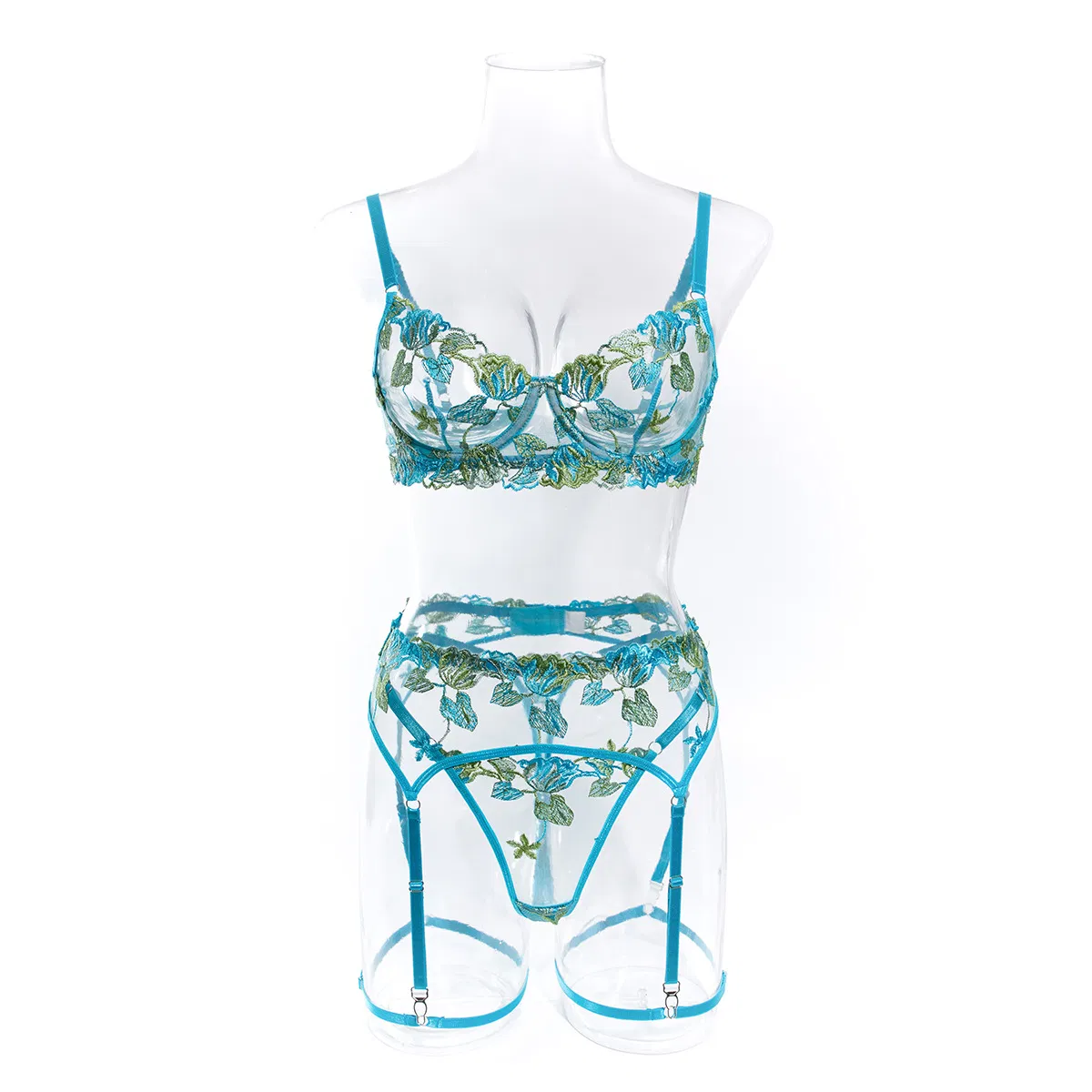 Sexy Erotic See Through Three Piece Woman Underwear Set Wholesale Flower Embroidery Lingerie