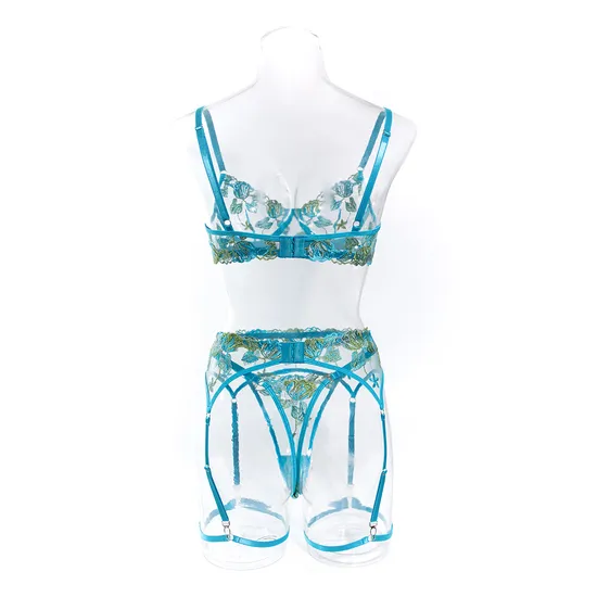 Sexy Erotic See Through Three Piece Woman Underwear Set Wholesale Flower Embroidery Lingerie
