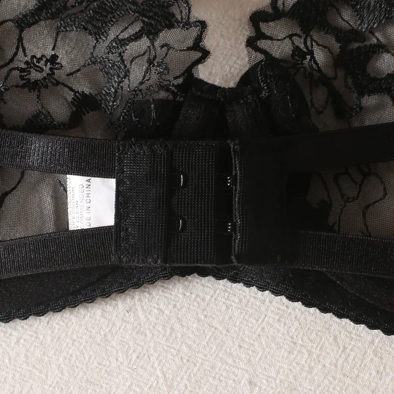 Sexy Embroidery Lace Garters Belt Bra and Panties Set Wholesale See-Through Mesh 3PCS Lingerie