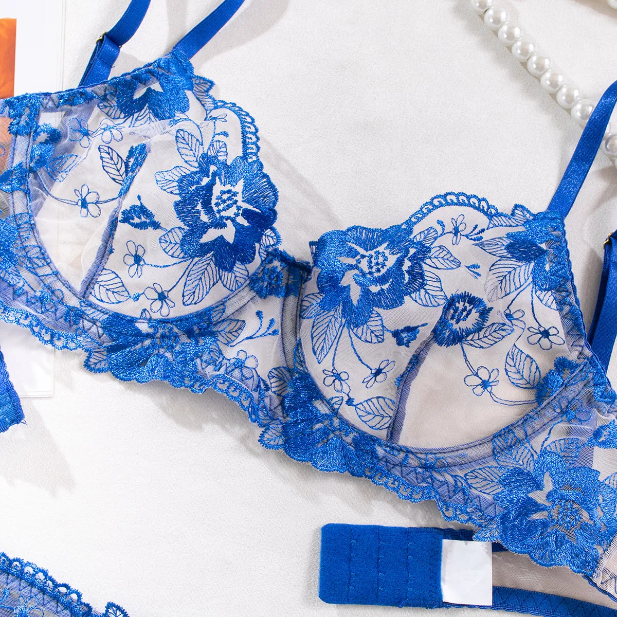 Wholesale Ultra Thin See-Through Bra Set Sexy Breathable Embroidered Flower 2PC Lingerie