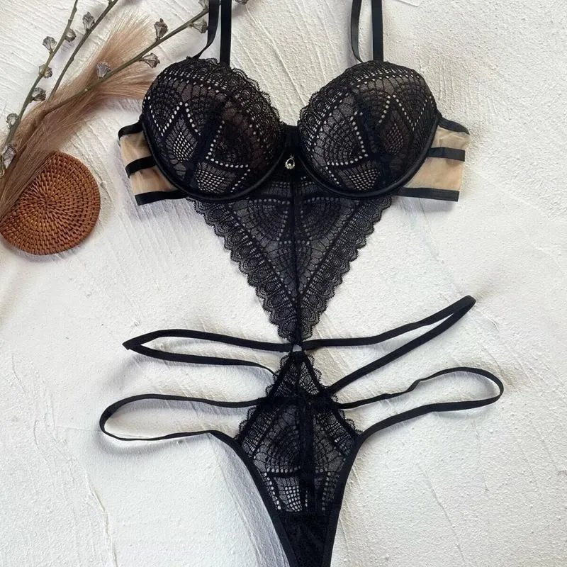 New Sexy Women's Lingerie with Transparent Lace Open Crotch Seductive Bodysuit