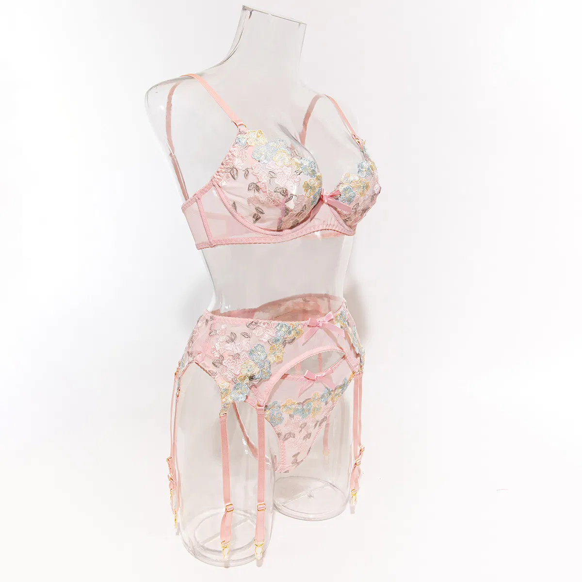 Wholesale Flower Embroidery Underwear Set Sexy Delicate Perspective Mesh Three-Piece Lingerie