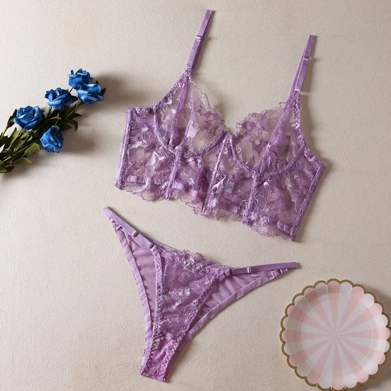 Wholesale Embroidery Lace Fishbone 2 Piece Underwear Set Sexy Erotic Women's Lingerie