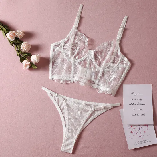 Wholesale Embroidery Lace Fishbone 2 Piece Underwear Set Sexy Erotic Women's Lingerie