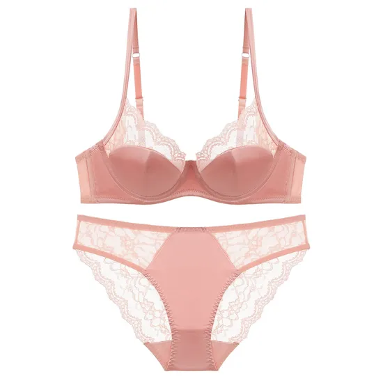 High Quality Llingerie Sexy Satin Lace Bra Breathable MID-Waist Brief Underwear Set
