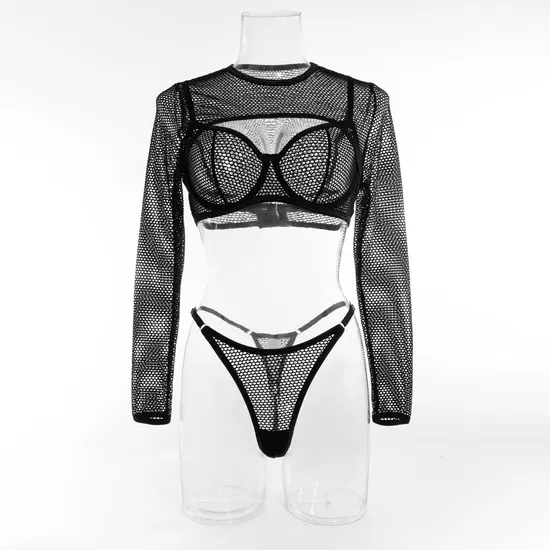 Sexy Long Sleeve Fishnet Mesh Woman Underwear Set Hot See-Through Solid Color Lingerie