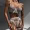 Sexy Embroidery Eyelash Lace Bra and Panties Set Hot See-Through Metal Chain Woman Lingerie