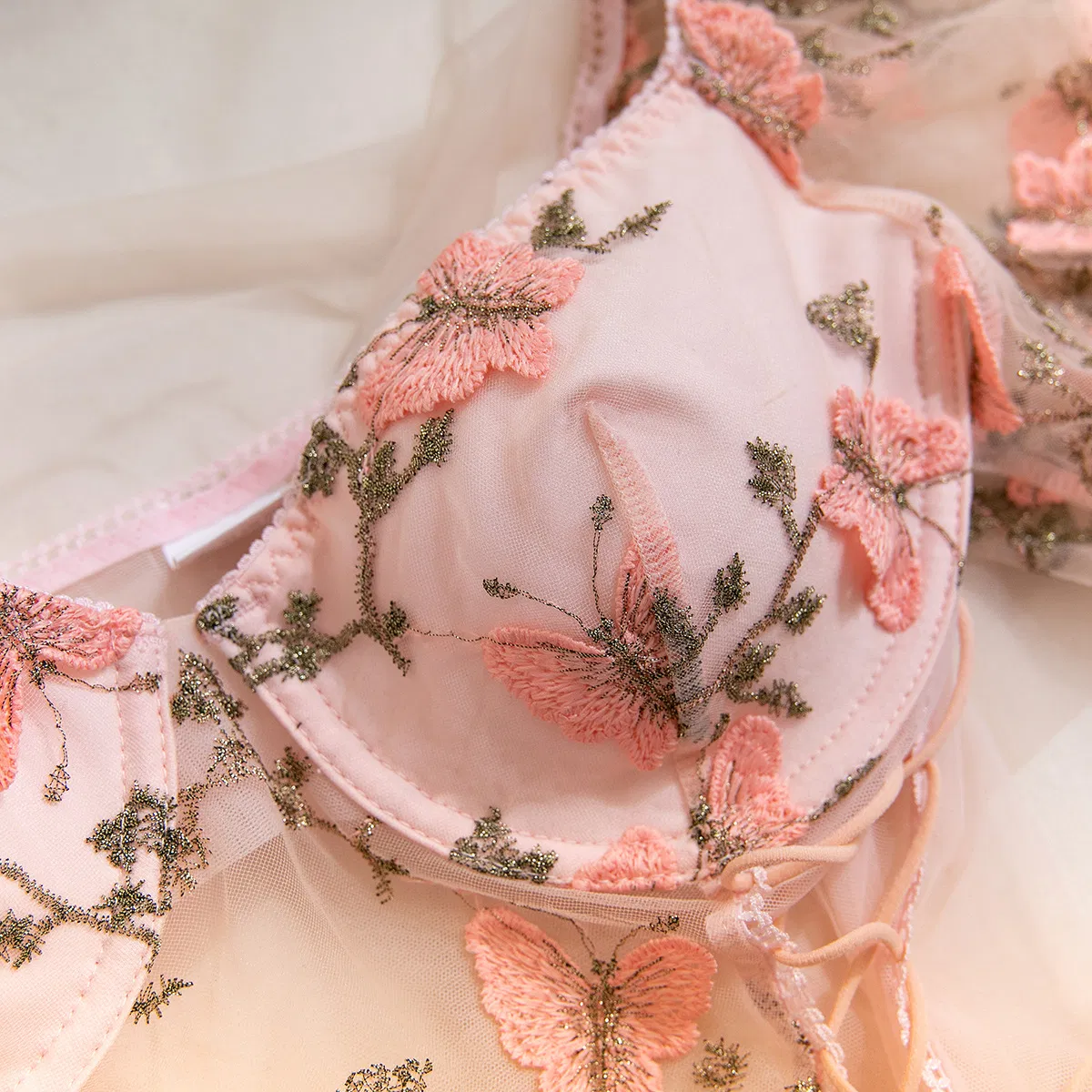 Wholesale Floral Embroidery Bubble Sleeve Underwear Set Sexy See-Through 2-Piece Lingerie