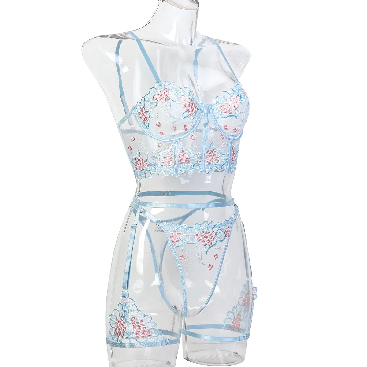 Wholesale Flower Embroidery Underwear Set Sexy See-Through Mesh Woman Lingerie