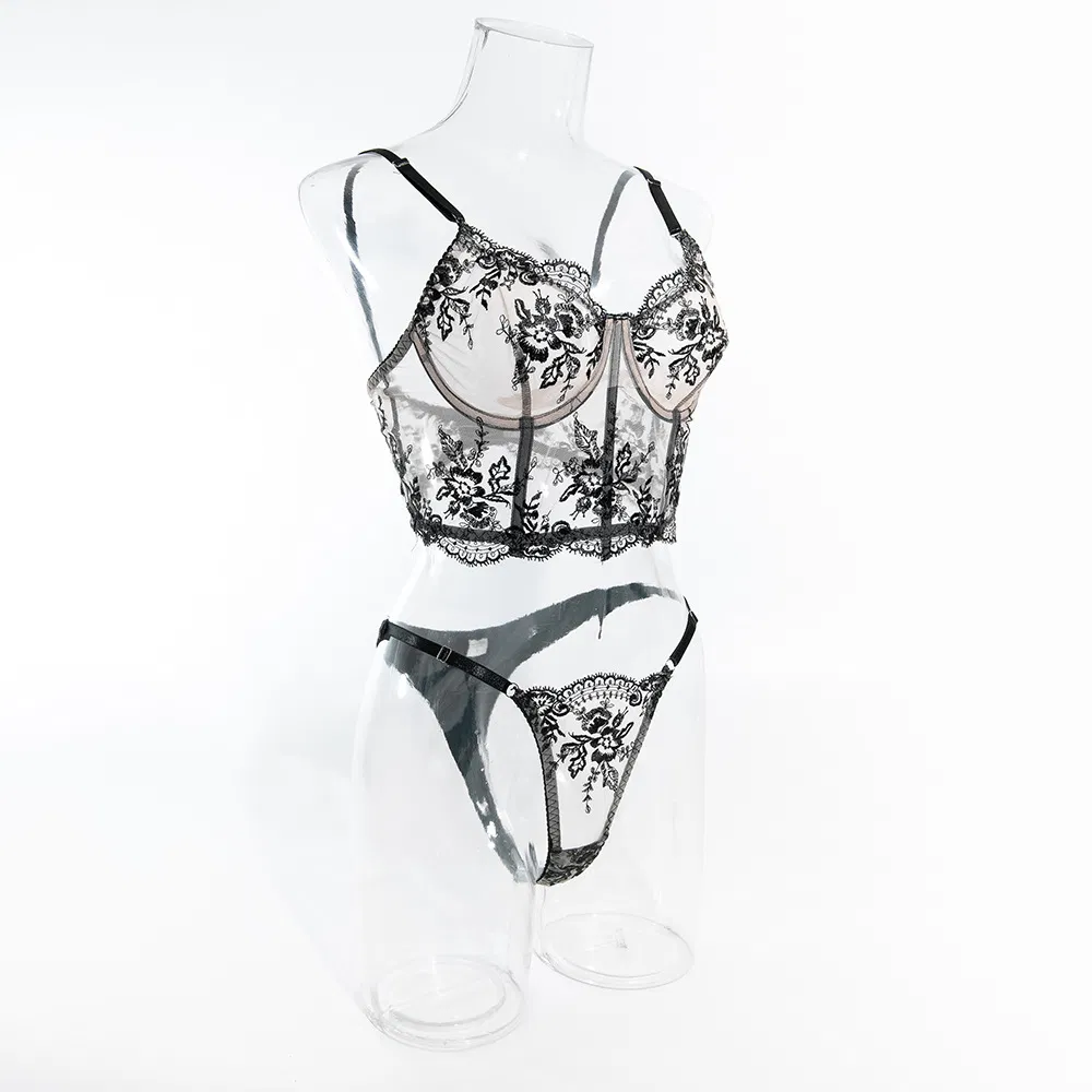 Wholesale Eyelash Lace Fishbone Bra Panty Sets Sexy See-Through Embroidered Women's Lingerie
