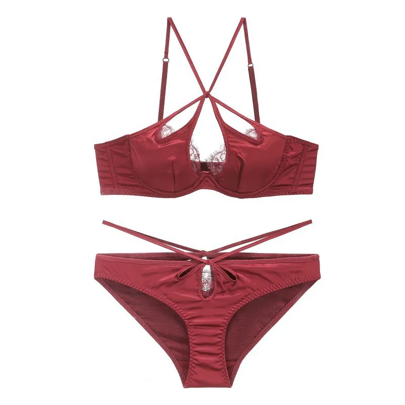 Wholesale French Style Transparent Eyelash Lace Sexy Breathable Satin Ultra-Thin Lingerie for Women Gathering Bra Set Underwear