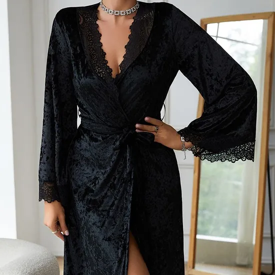 Wholesale Long-Sleeved Sleepwear Nightwear Sexy Microfiber Lace Woman's Robe