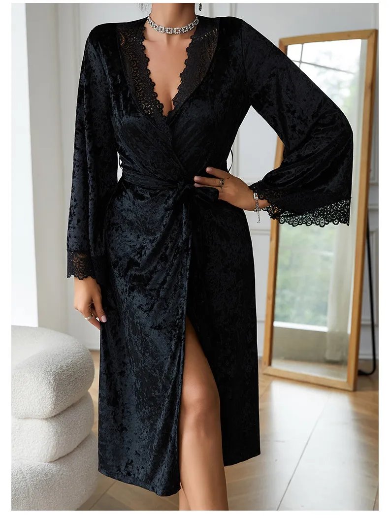 Wholesale Long-Sleeved Sleepwear Nightwear Sexy Microfiber Lace Woman's Robe
