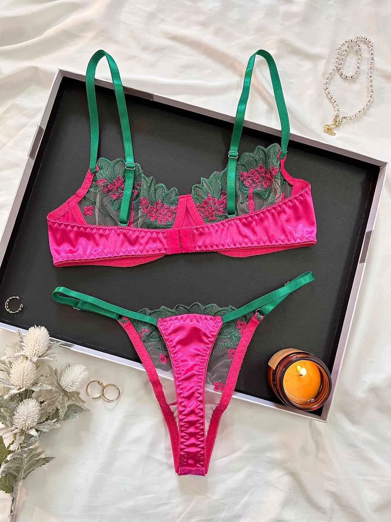French Ultra-Thin Embroidered Hollow out See-Through Mesh Underwear Set Bra Sexy Lingerie