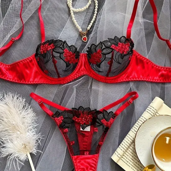 French Ultra-Thin Embroidered Hollow out See-Through Mesh Underwear Set Bra Sexy Lingerie