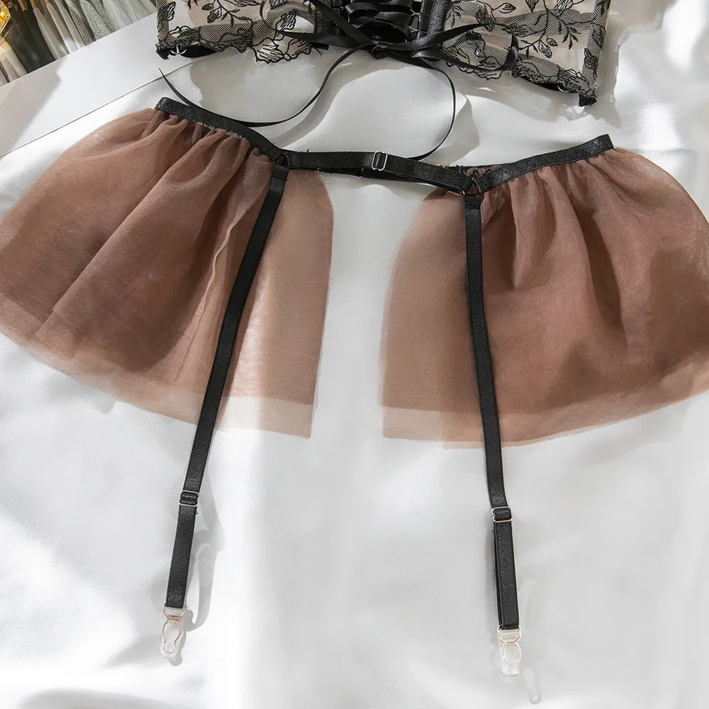Wholesale Transparent Mesh Bra Set with Skirt Hot Strap Decoration Embroidery Woman Lingerie