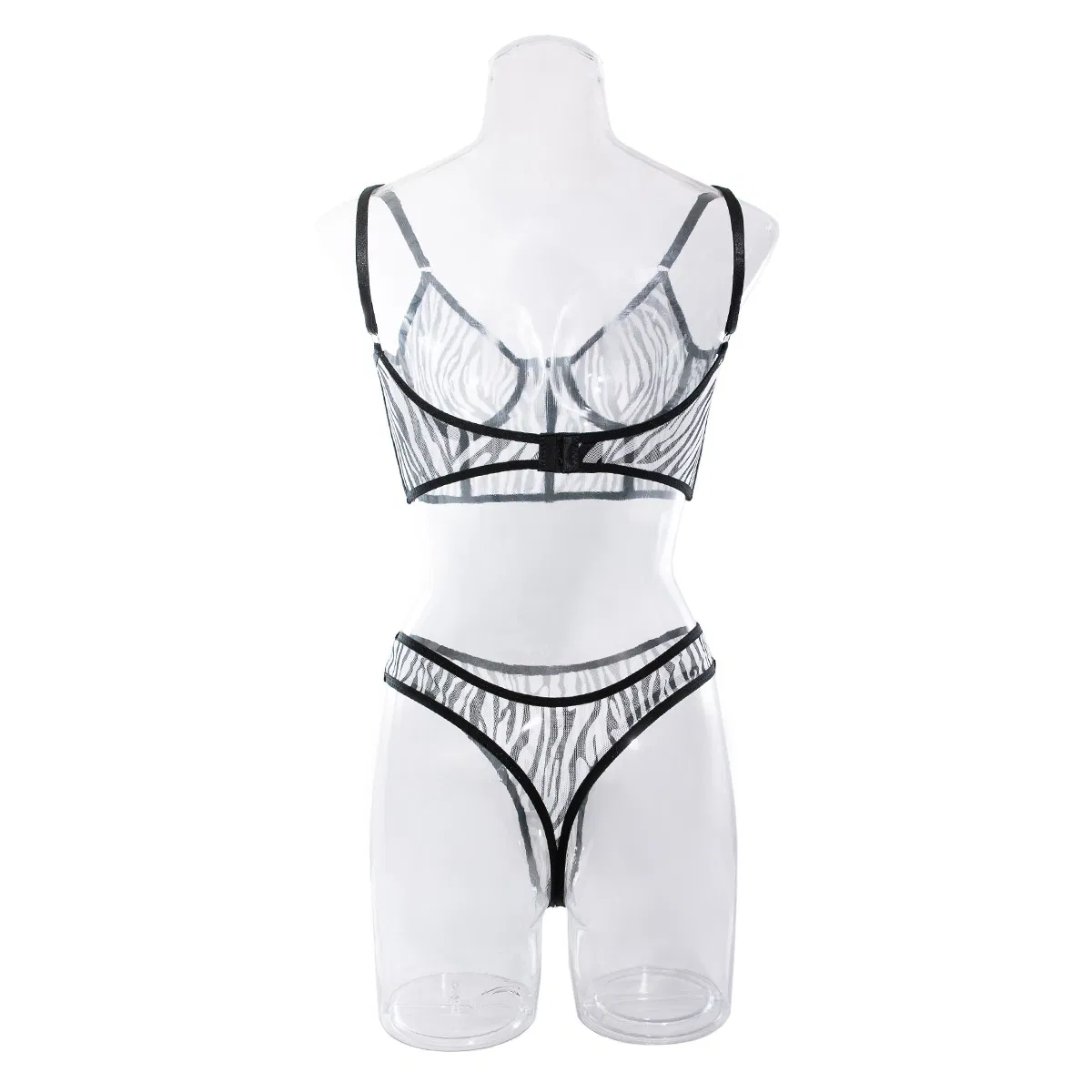 Sexy Fish Bone Contrast Zebra Woman Bra and Thong Set Hot Selling See-Through Mesh Lingerie