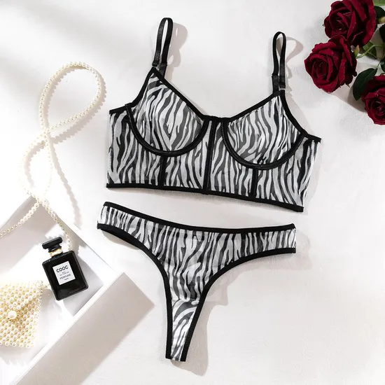 Sexy Fish Bone Contrast Zebra Woman Bra and Thong Set Hot Selling See-Through Mesh Lingerie