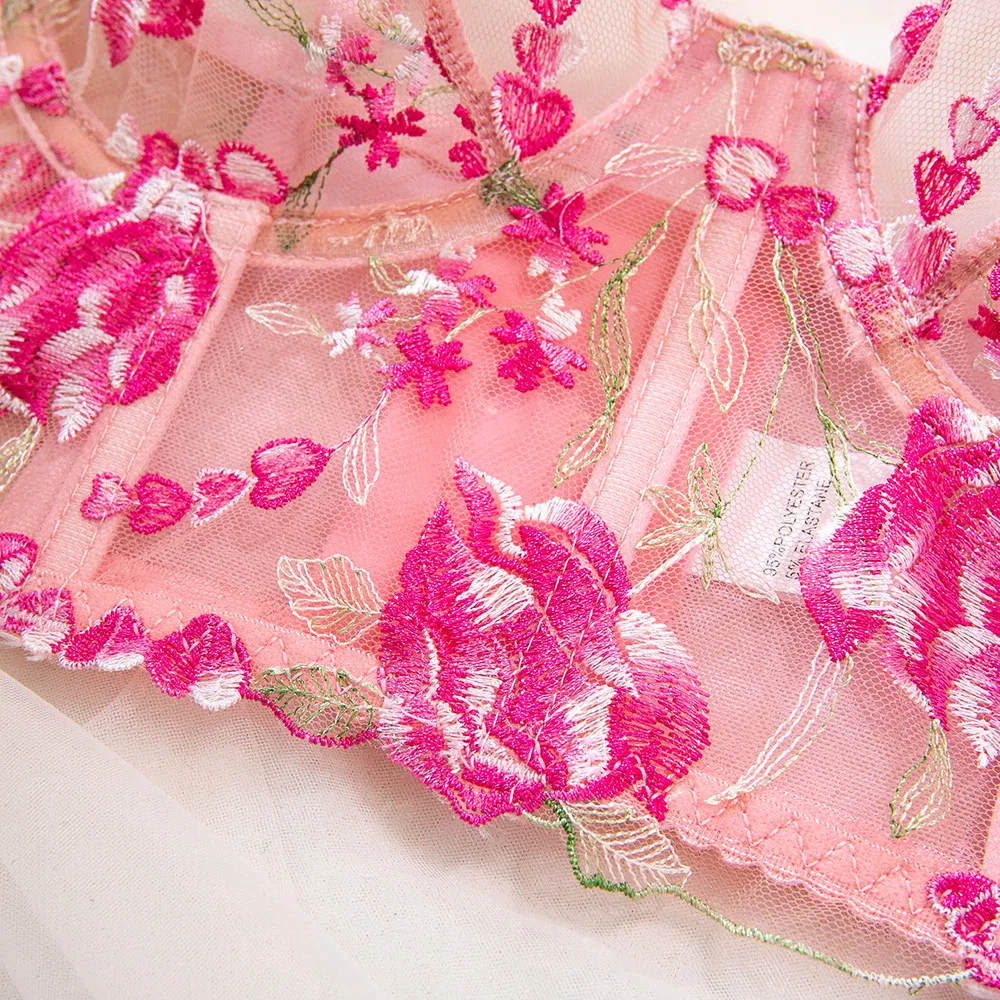 Wholesale Fishbone Transparent Mesh Bra Set Sexy Flower Embroidered Thin Woman Lingerie