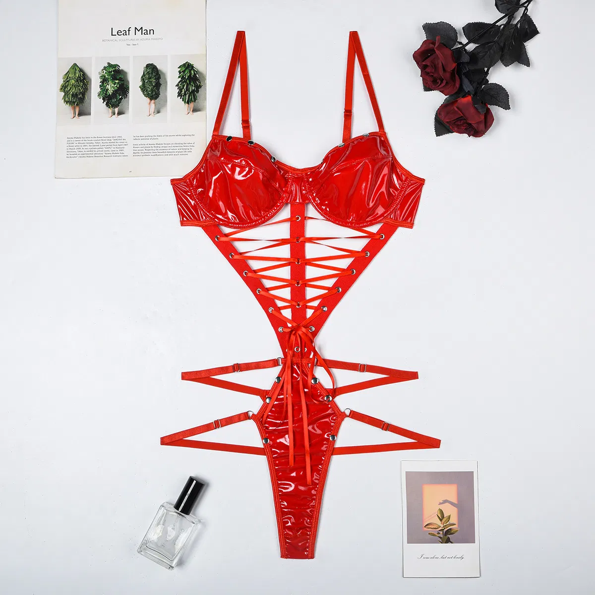 Wholesale Cross Strap One-Piece Underwear Set for Women Sexy Hollow out PU Lingerie