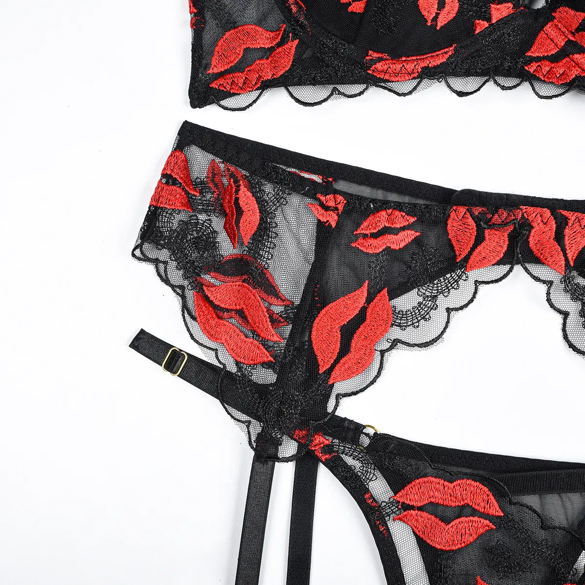 Sexy See-Through Mesh 3 Piece Bra Set Hot Selling Embroidery Woman Lingerie
