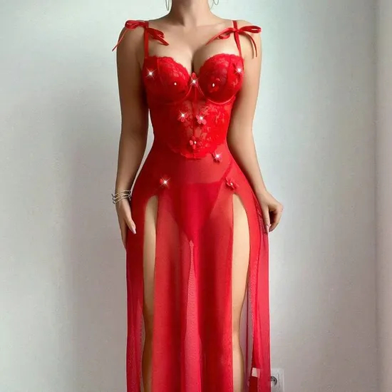 Wholesale Transparent Mesh Underwear Set Sexy Embroidery Flower Pearl Lingerie